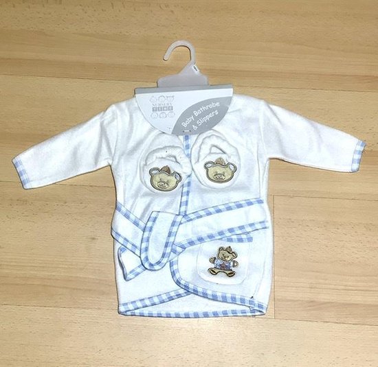 Nursery Time babyset badjas + slippers creme/blauw maat 6 maanden