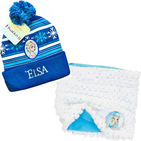 Disney Frozen fluffy col/sjaal met lovertjes + muts wit/aqua