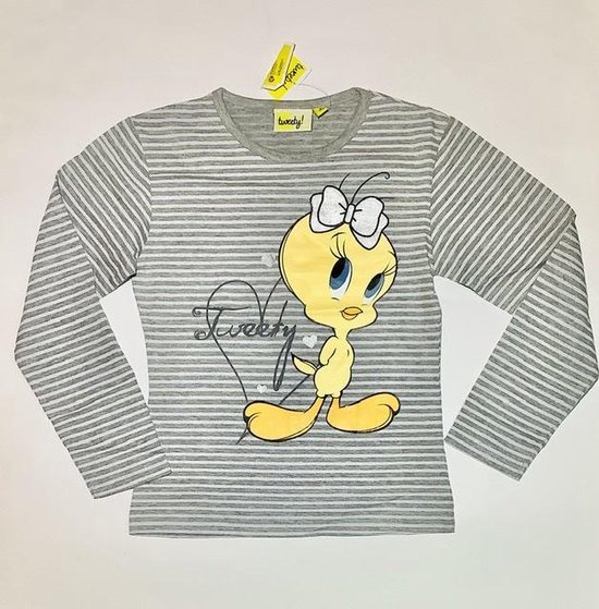Tweety shirt grijs gestreept - Maat 122/128