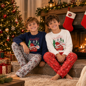Gezellige kerstfoto bij de open haard Disney Cars Kerst Pyjama Katoen